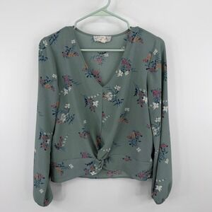 Pink Republic Floral Blouse Womens Small Green Long Sleeve Twist Front V-Neck